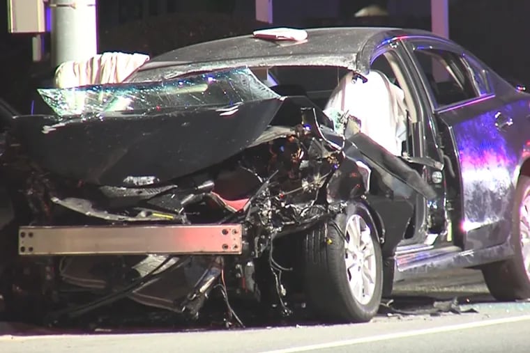 The driver of this car was killed when he slammed into the rear of a SEPTA bus in Newtown Square early Thursday. No one on the bus was seriously injured.