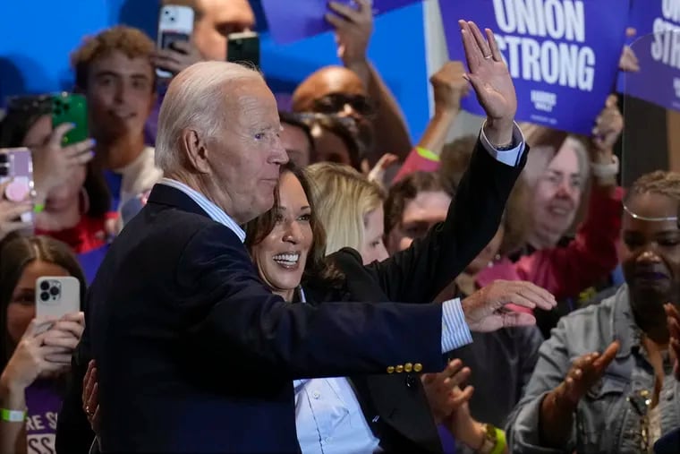 Democratic presidential nominee Vice President Kamala Harris campaigns with President Joe Biden at the IBEW Local Union #5 union hall in Pittsburgh, on Labor Day.