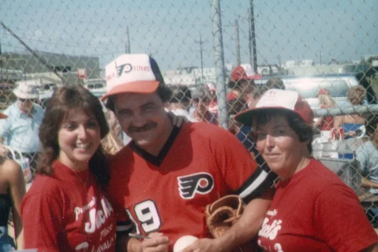 Flyers star Rick MacLeish with two employees of Jack’s Place during a 1974 charity softball game in Avalon.
