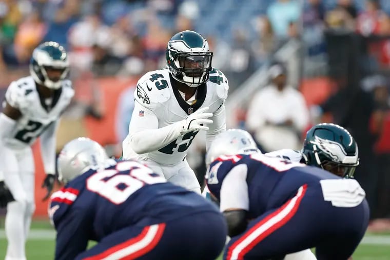 Devin White, shown during a preseason game against the Patriots on Aug. 15, missed the Eagles' season opener with an ankle injury.