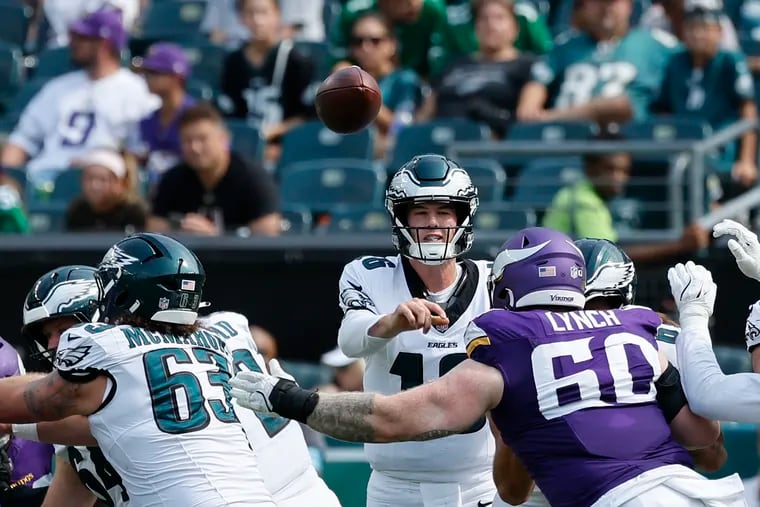 Eagles quarterback Tanner McKee throws a pass during a preseason game against the Minnesota Vikings on Aug. 24.