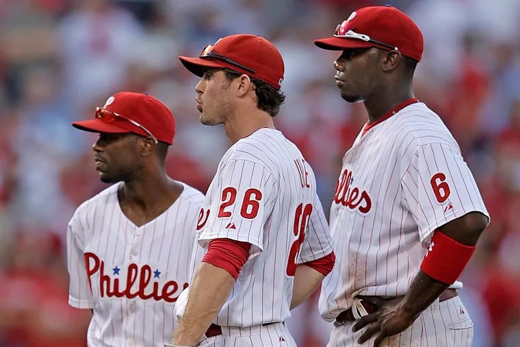 From left: Jimmy Rollins, Chase Utley, and Ryan Howard in 2007.