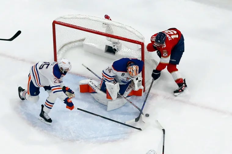 Goaltender Stuart Skinner #74 of the Edmonton Oilers defends the net against a shot by Matthew Tkachuk #19 of the Florida Panthers in Game Five of the Final of the 2024 Stanley Cup Playoffs at the Amerant Bank Arena on June 18, 2024 in Sunrise, Florida. (Photo by Joel Auerbach/Getty Images)