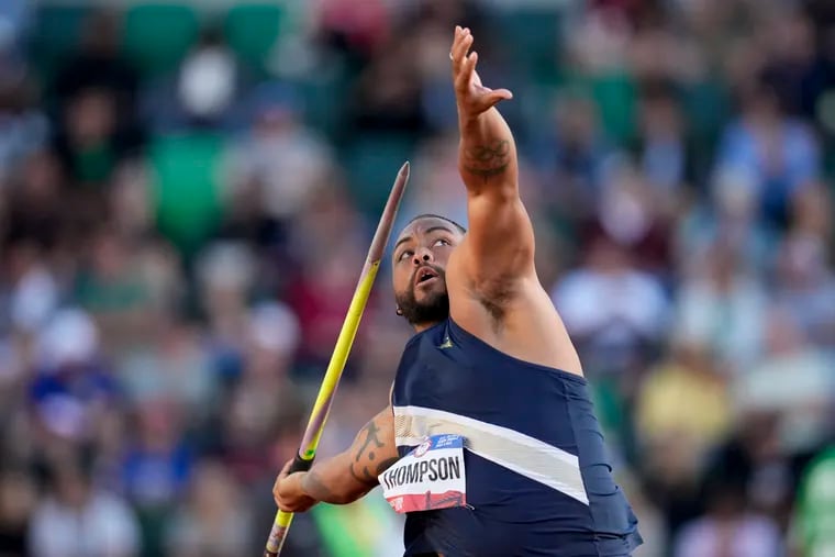 Curtis Thompson competes in the men's javelin throw final during the U.S. Track and Field Olympic Team Trials Sunday, June 23, 2024, in Eugene, Ore. (AP Photo/George Walker IV)