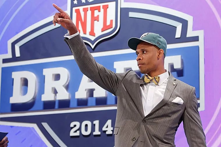Vanderbilt wide receiver Jordan Matthews reacts to the crowd after being selected as the 42 pick by the Philadelphia Eagles in the second round of the 2014 NFL Draft, Friday, May 9, 2014, in New York. (Jason DeCrow/AP)