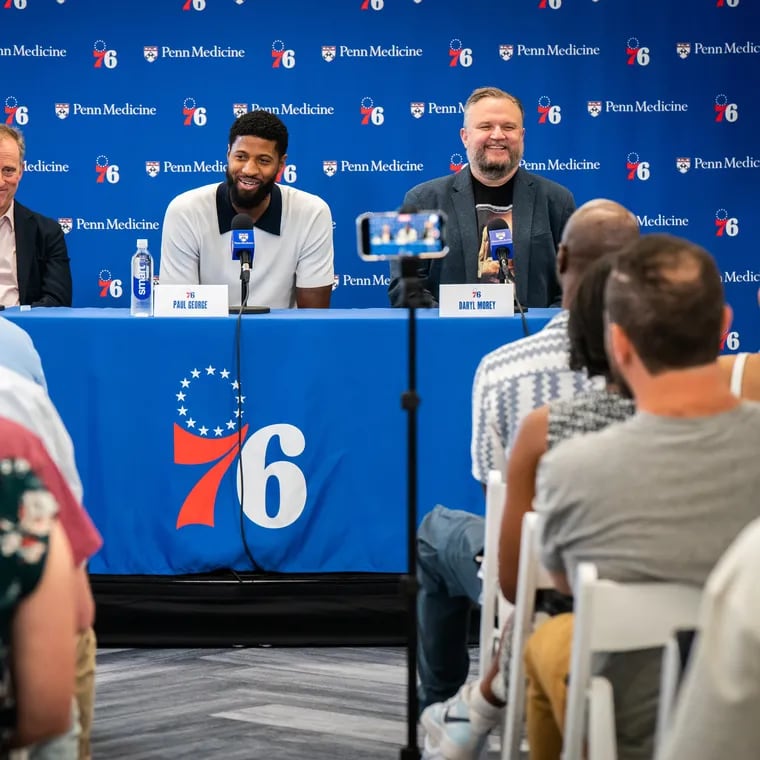 After 14 years spanning three teams, 34-year old Paul George (center) joined the Sixers in free agency earlier this month.