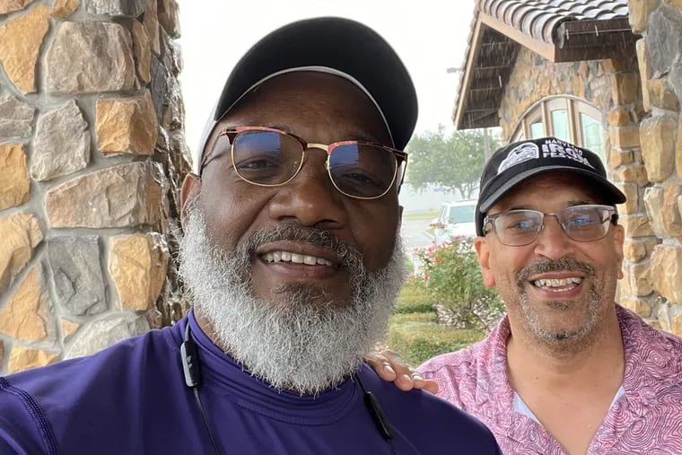 Frank E. Thompson Jr. (left) from Kansas City, Mo., and Ken Johnston, of Philadelphia on Tuesday. They will embark on a 51-mile walk from Galveston to Houston in honor of Juneteenth.