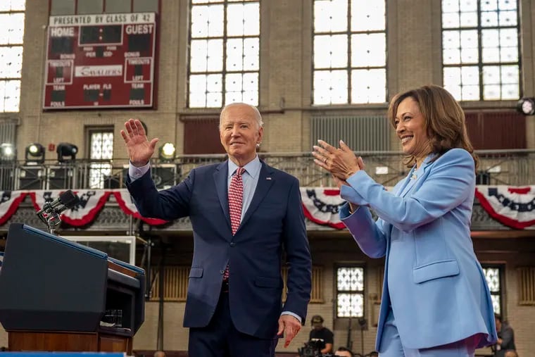 President Joe Biden and Vice President Kamala Harris Leave the stage at Girard College Wednesday after a campaign rally at the historic boarding school in Fairmount.