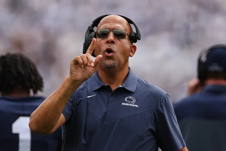 STATE COLLEGE, PA - SEPTEMBER 10: Head coach James Franklin of the Penn State Nittany Lions reacts to a play against the Ohio Bobcats during the first half at Beaver Stadium on September 10, 2022 in State College, Pennsylvania. (Photo by Scott Taetsch/Getty Images)