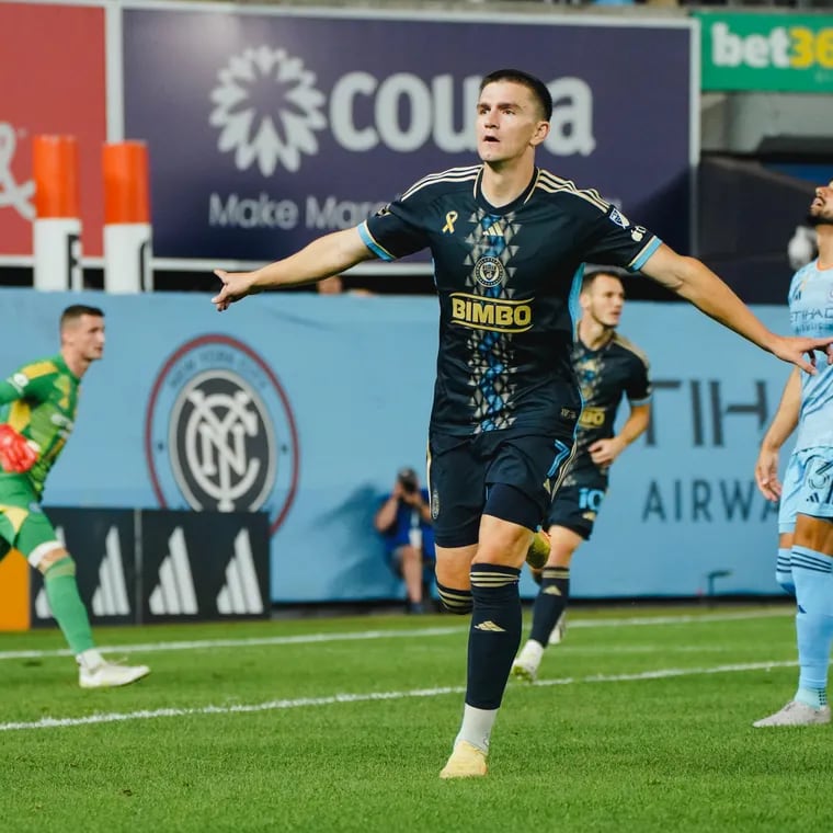 Mikael Uhre celebrates scoring his goal in the Union's 5-1 rout of New York City FC.