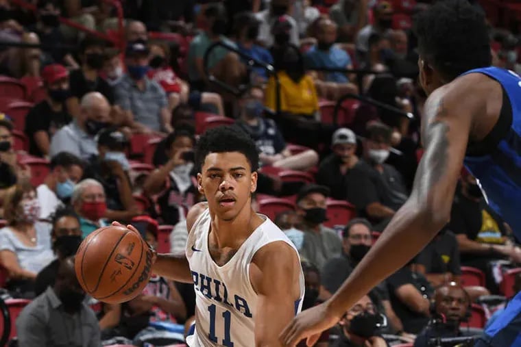 Sixers first-round pick Jaden Springer in his first NBA action on Monday, Aug. 9 against the Dallas Mavericks in Las Vegas during Summer League action.