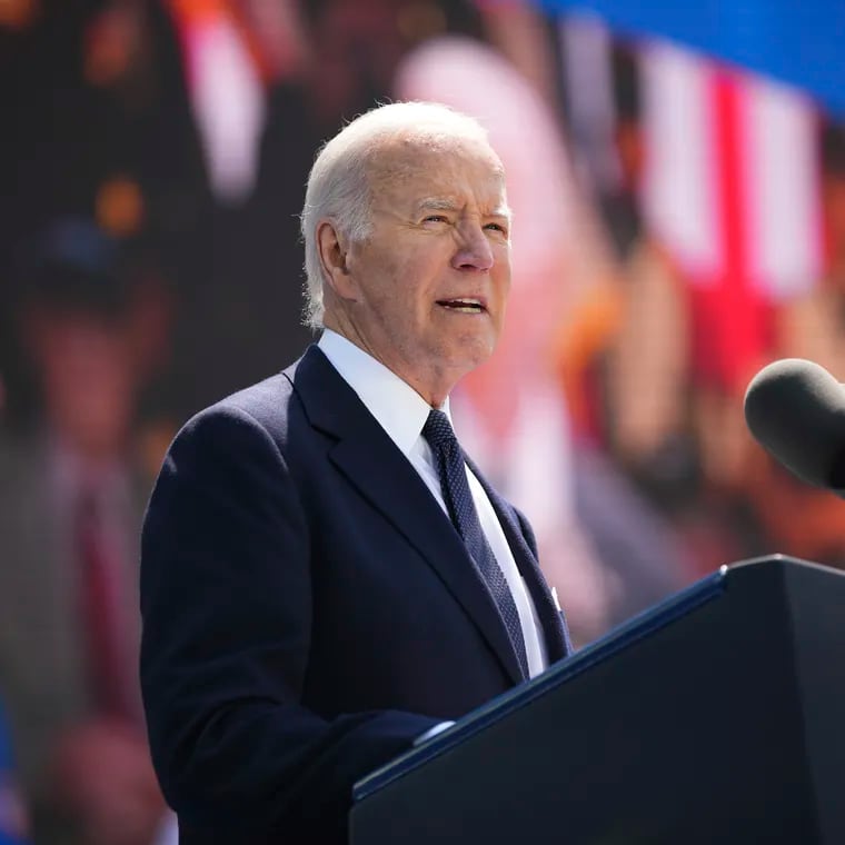 President Joe Biden delivers a speech during a commemorative ceremony to mark D-Day 80th anniversary, Thursday, June 6, 2024, at the US cemetery in Colleville-sur-Mer, Normandy.