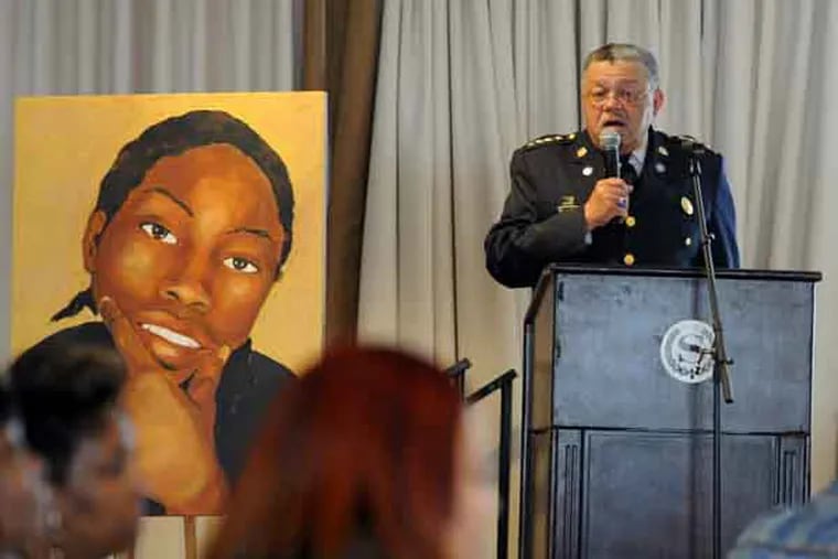 Standing next to a painting of John Robert White, an 18-year-old Philadelphian gunned down in 2007 by a 16-year-old who shot him eight times in the head, Philadelphia Police Commissioner Charles Ramsey addresses the Mothers in Charge National Conference on Violence Prevention/Behavioral Health May 7, 2013 at the Sheraton Hotel on Vine Street at 16th.  ( CLEM MURRAY / Staff Photographer )