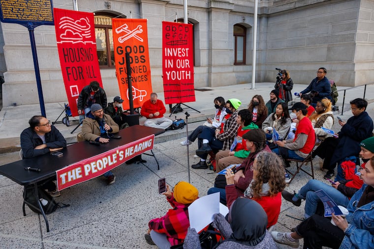 No Arena Coalition hold “The Peoples Hearing” outside City Hall during council hearings about Sixers arena in Chinatown on Tuesday, November 12, 2024.