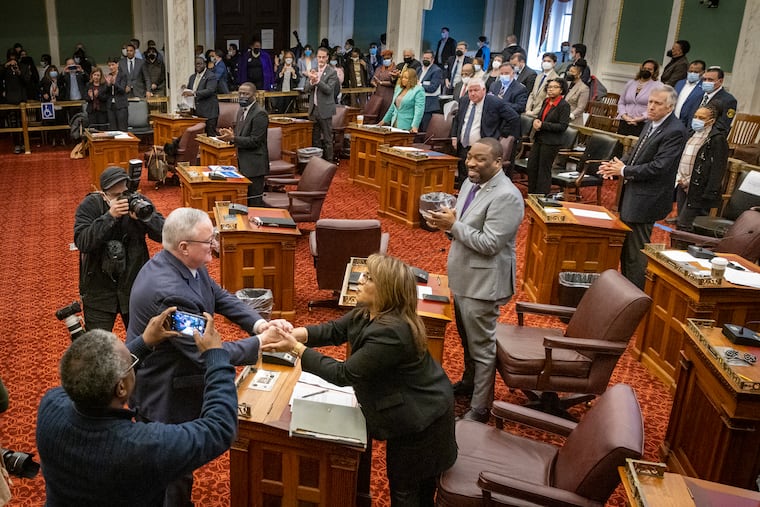 Philadelphia Mayor Jim Kenney shaking hands with Councilmember Quetcy Lozada after giving his budget proposal to City Council in March.