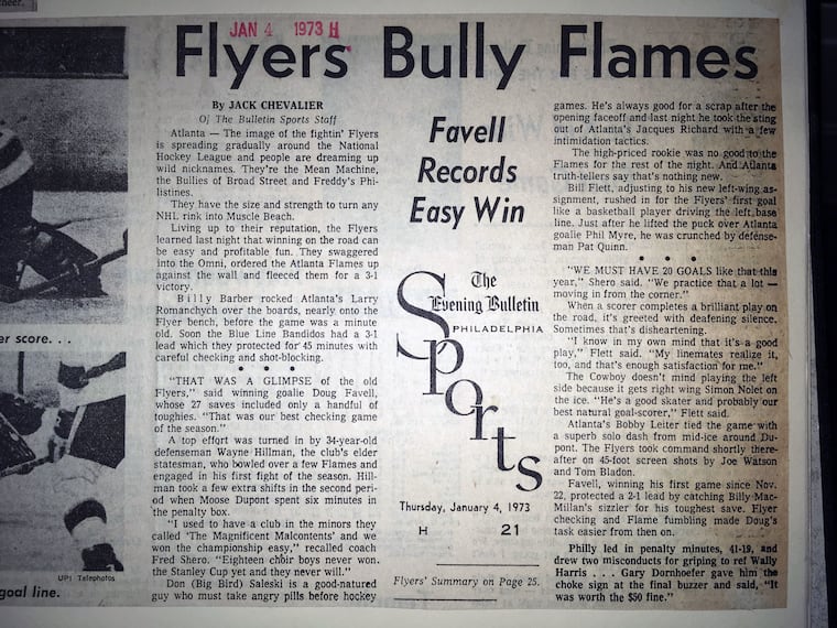 The original Jack Chevalier story in the Philadelphia Evening Bulletin from Jan. 4, 1973, the first reference to "Bullies of Broad Street." The nickname later shortened to "Broad Street Bullies," the Flyers' most famous moniker.