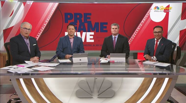 NBC Sports Philadelphia's "Phillies pregame live," featuring (from left) Michael Barkann, Ricky Bottalico, Ben Davis, and Ruben Amaro Jr.