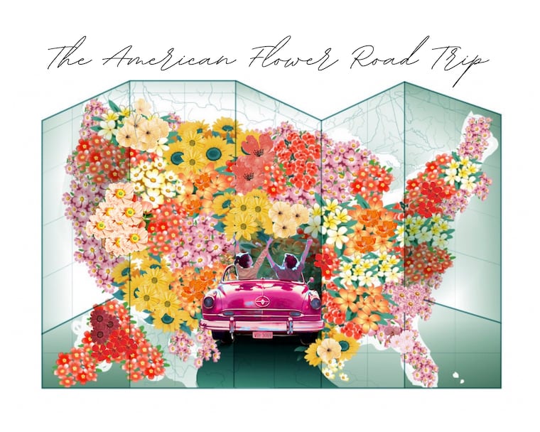 An artistic rendering of New Jersey-based floral design firm Jennifer Designs' "The American Flower Road Trip" exhibition at the 2024 Philadelphia Flower Show.