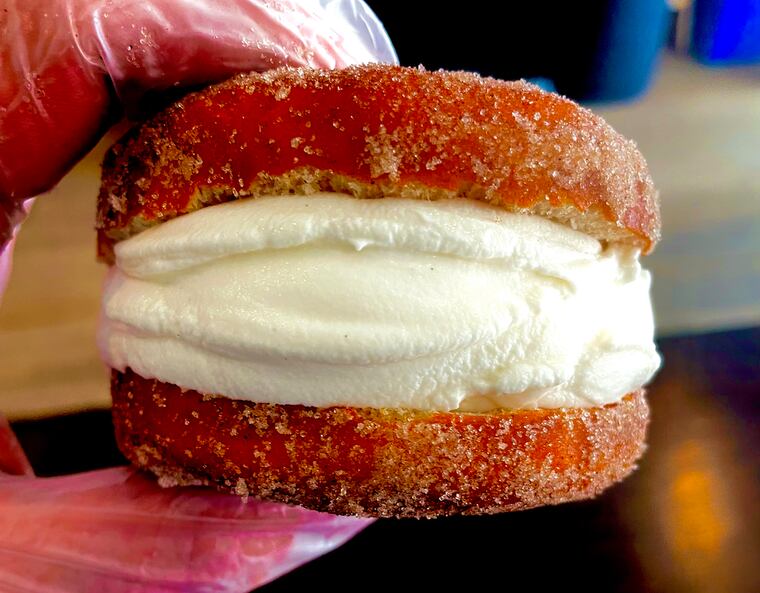 Ice cream donut sandwich from Harper's Ice Cream in the Brewerytown neighborhood of Philadelphia.