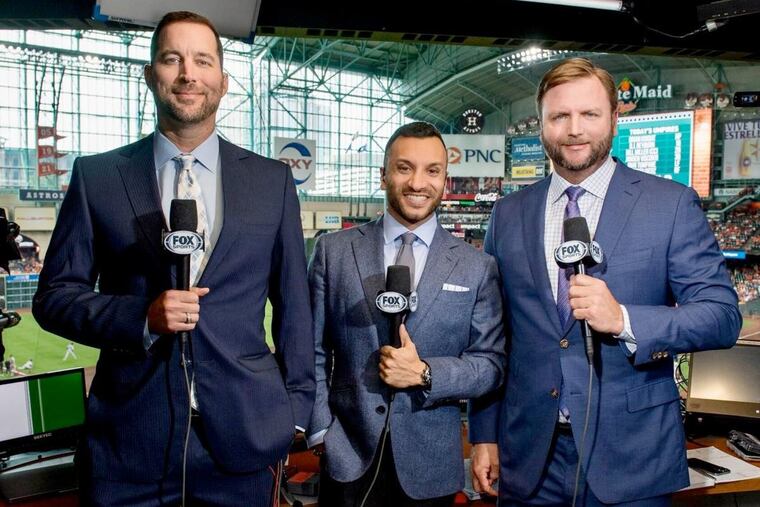 Fox MLB announcers (from left)  Adam Wainwright, Adam Amin, and A.J. Pierzynski.