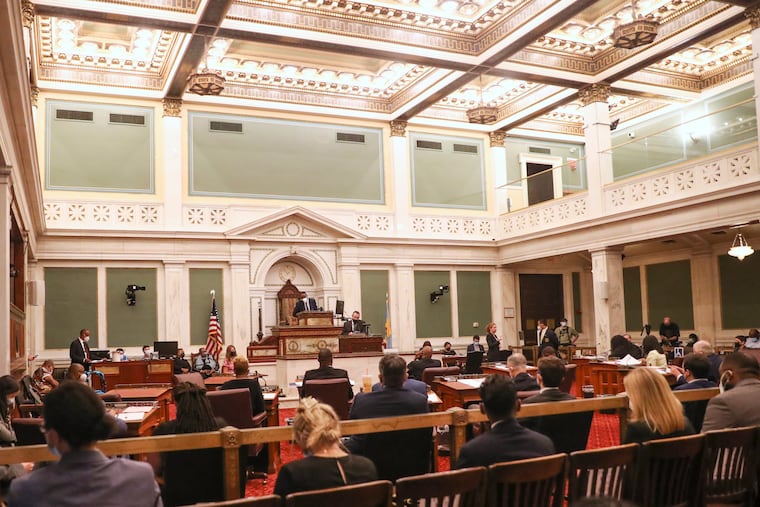 City Council President Darrell Clarke presiding over Council’s first in-person meeting in more than two years at City Hall last year.