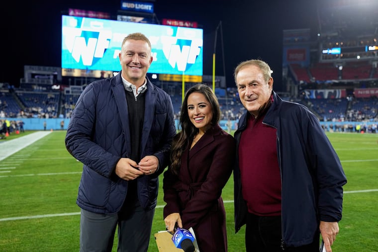 "Thursday Night Football's" broadcast team features (from left to right) Kirk Herbstreit, Katie Hartung, and Al Michaels.