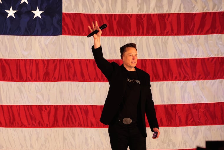 Elon Musk leads a America PAC Town Hall in Delaware County at Ridley High School on Thursday, Oct. 17, 2024. 