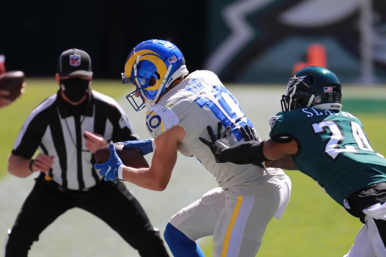 Los Angeles Rams wide receiver Cooper Kupp gets a first down for the Los Angeles Rams, covered by Eagles cornerback Darius Slay during the first half of the game Sunday, September 20, 2020.