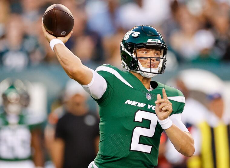 New York Jets quarterback Zach Wilson throws the football during a preseason game against the Eagles on Friday, August 12, 2022 in Philadelphia.