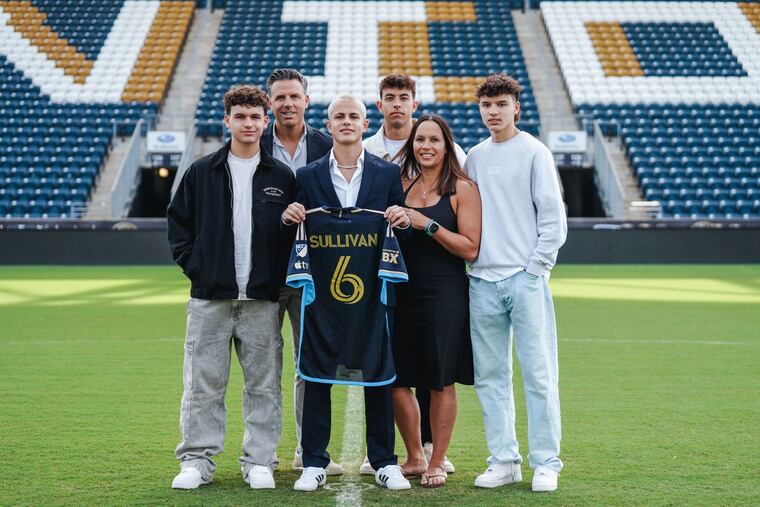 The Sullivan family is entrenched in the Philly soccer scene. From left is Declan, father Brendan, Cavan, Quinn, mother Heike, and Ronan.