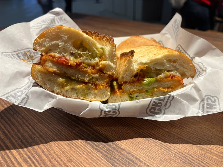 A Chk'n parm pesto from Greens & Grains plant-based concession stand at Citizens Bank Park.