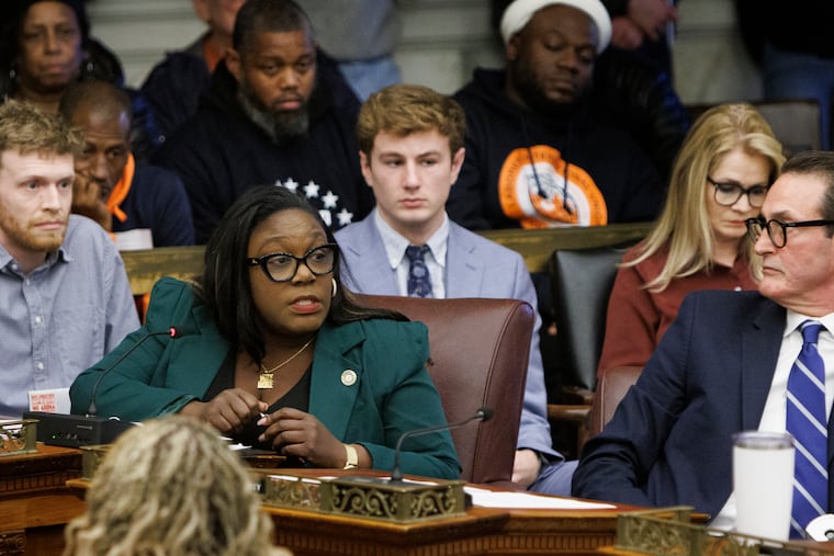 Philadelphia Council Minority Leader Kendra Brooks, of the Working Families Party, asks questions during a hearing about the arena in November.