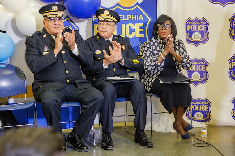 Pedro Rosario, deputy police commissioner for the Kensington Initiative, Police Commissioner Kevin Bethel, and Mayor Cherelle L. Parker. 