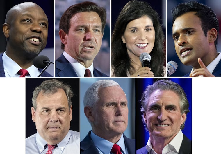 (Clockwise from top left) Tim Scott, Ron DeSantis, Nikki Haley, Vivek Ramaswamy, Doug Burgum, Mike Pence, and Chris Christie.