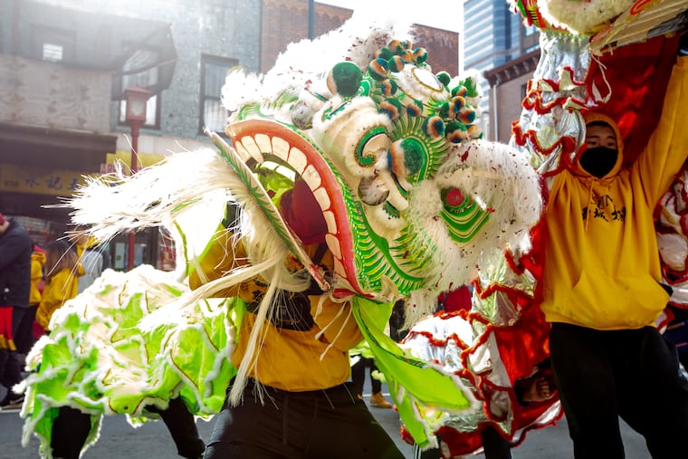 A member of the Philadelphia Suns performs in a lion costume at the Chinese Lunar New Year parade in Chinatown, Sunday, February 10, 2019.  Philadelphia welcomed the year of the pig with a parade that wound through Chinatown while the Philadelphia Suns Dance Troupe performed lion dances in front of participating businesses in the neighborhood.