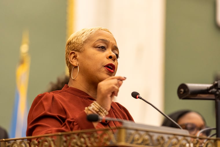 City Councilmember Cindy Bass speaks during a November 2023 news conferences in Council's chambers.