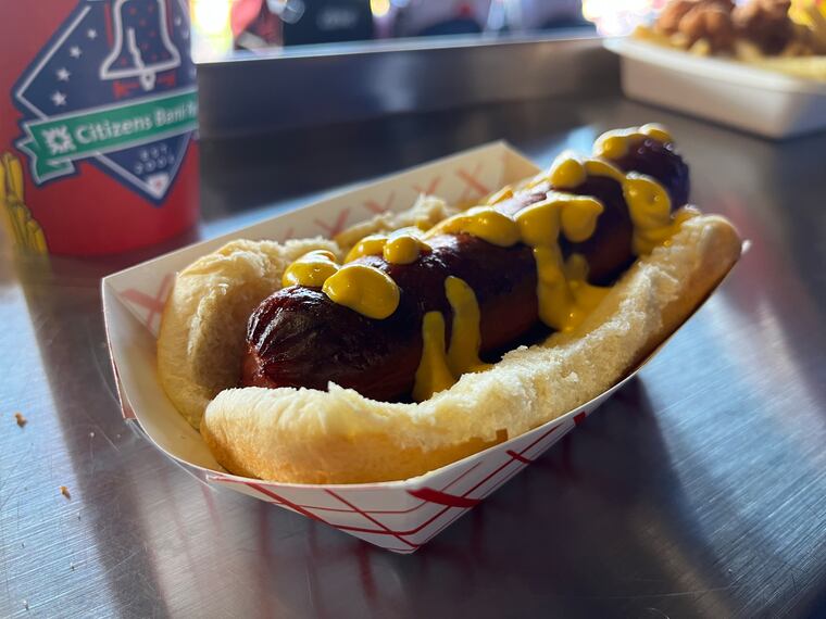 A Hatfield Phillies jumbo frank from the Hatfield Grill concession stand at Citizens Bank Park.