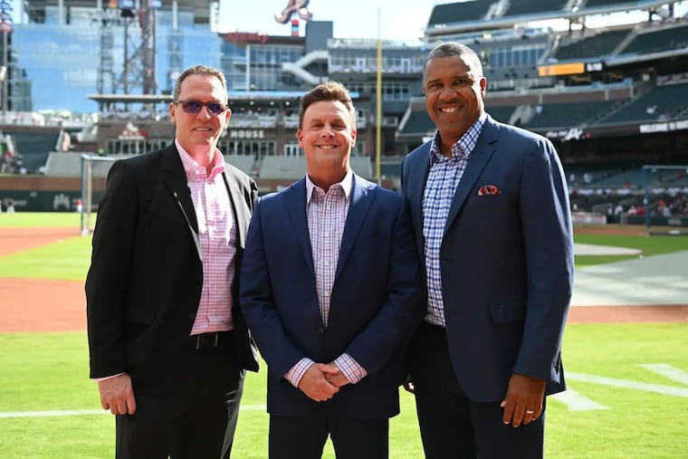 ESPN MLB announcers (from left) David Cone, Karl Ravech, and Eduardo Perez.