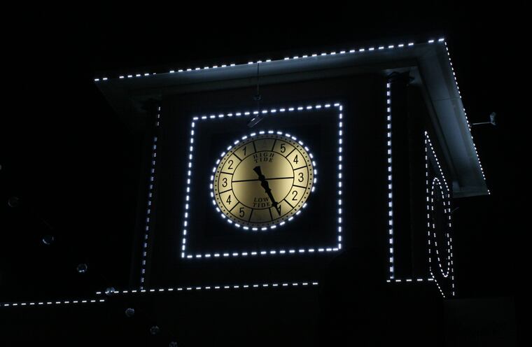 On top of a closed building on the Atlantic City Boardwalk, across from the beach, a dial shows the ocean is at low tide Friday Feb. 22, 2019. On the other side of this structure is a clock telling the time. © Riley Serback