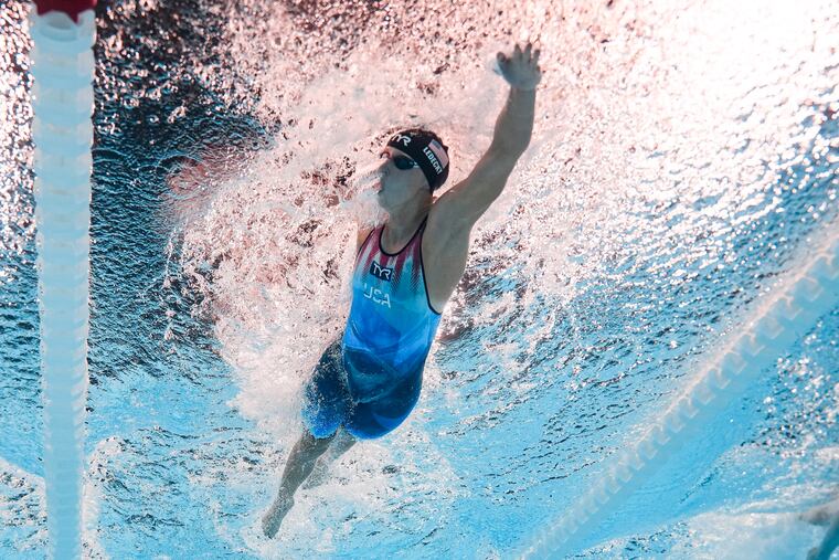 Katie Ledecky charging through the pool in the women's 400-meter freestyle final.