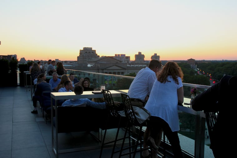 Views of the Parkway just before sunset from Assembly Rooftop Lounge atop the Logan hotel, 18th Street and Parkway.