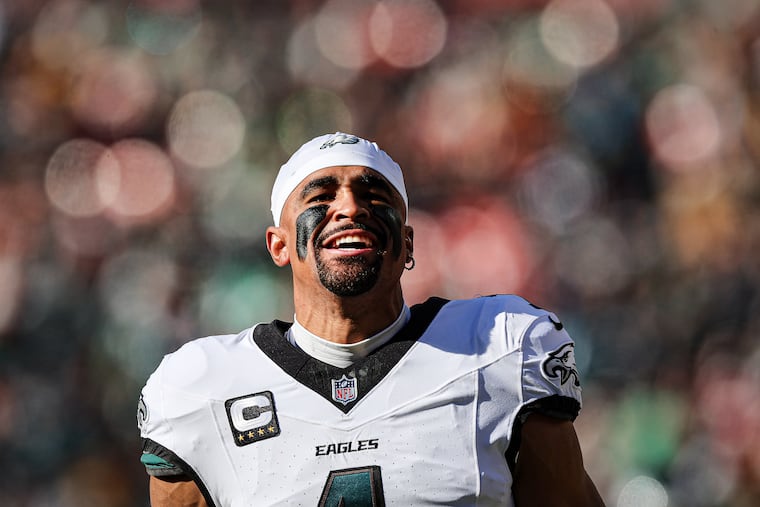 Eagles quarterback Jalen Hurts warming up before last month's game against the Washington Commanders.