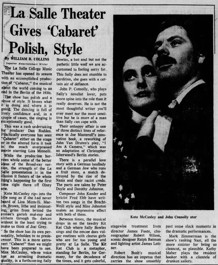 A July 2, 1973 Philadelphia Inquirer review of La Salle Theater's 'Cabaret' which starred Kate McCauley, actor Anne Hathaway's mother, as Sally Bowles