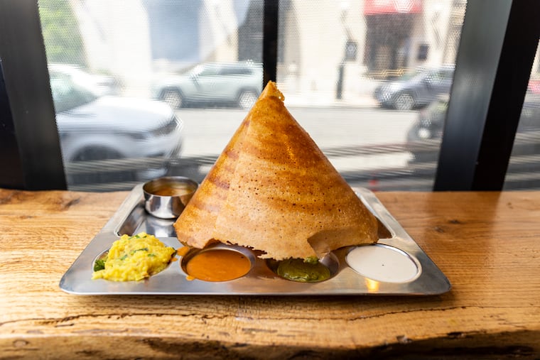 Ghee Roast Cone, with sambar, potato masala, with coconut, tomato, and mint chutney at Amma’s.