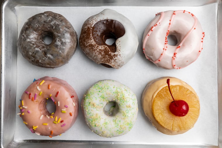 A vegan Chocolate, Mexican Hot Chocolate, and Strawberry Rhubarb donuts and a Birthday Cake, Key Lime Pie, and Pineapple Upside down Donuts from Okie Dokie Donuts in Philadelphia, Pa., on Friday, April 5, 2024.