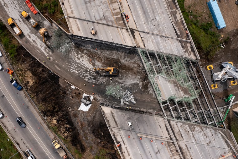 Cleanup continues at the site of the collapsed bridge on I-95 in Northeast Philadelphia on Wednesday, June 14.