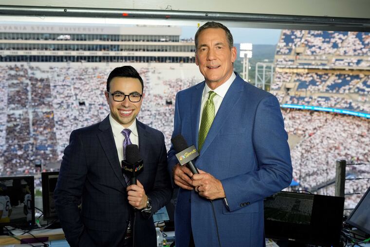 Noah Eagle (left) and Todd Blackledge will call the Eagles' Week 1 opener against the Green Bay Packers on NBC's Peacock in Brazil.