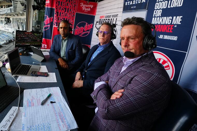 ESPN MLB announcers (from left) Eduardo Perez., David Cone, and Karl Ravech.