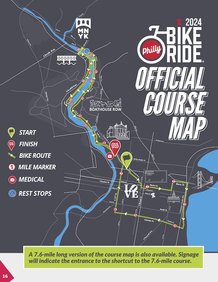 A map of the 20-mile Philly Bike Ride route in 2024. A 7.6 mile circuit is also available with indicators along the route.