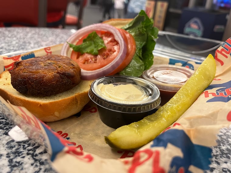 A crab cake sandwich from Connie Mack's concession stand at Citizens Bank Park.